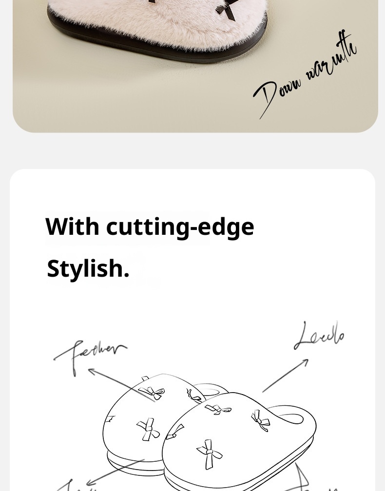 Zees Bowknot For Women Winter Indoor Thick Sole Furry Home Plush Warm Cotton Slippers_voghion.com