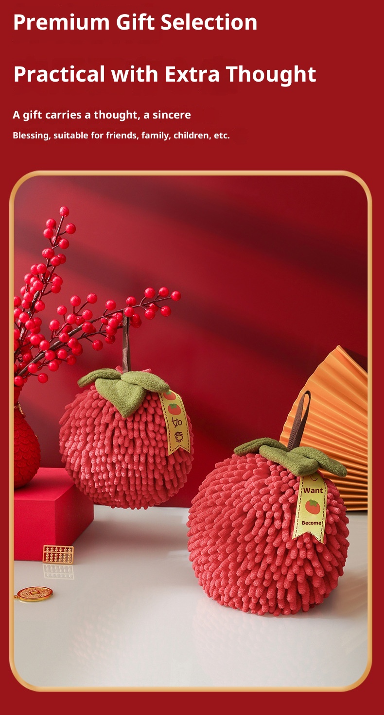 Lillian Red Festive Ruyi Persimmon Chenille Ball Gift Kitchen Hanging Absorbent Hand Towels Cross-Border_voghion.com