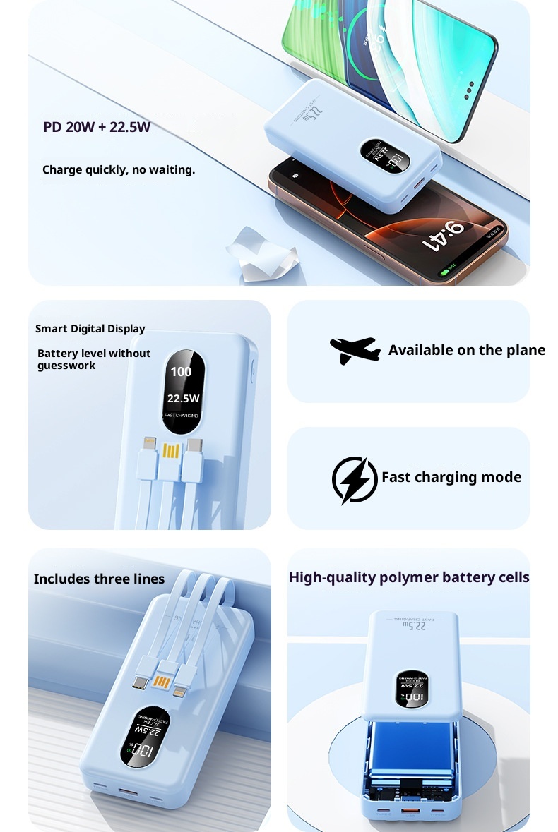 TechGlobe 2025 New Model 22.5W Super Bidirectional Fast Charging 20000mAh Built-in Cable Bank Mobile Power Supply Printing_voghion.com