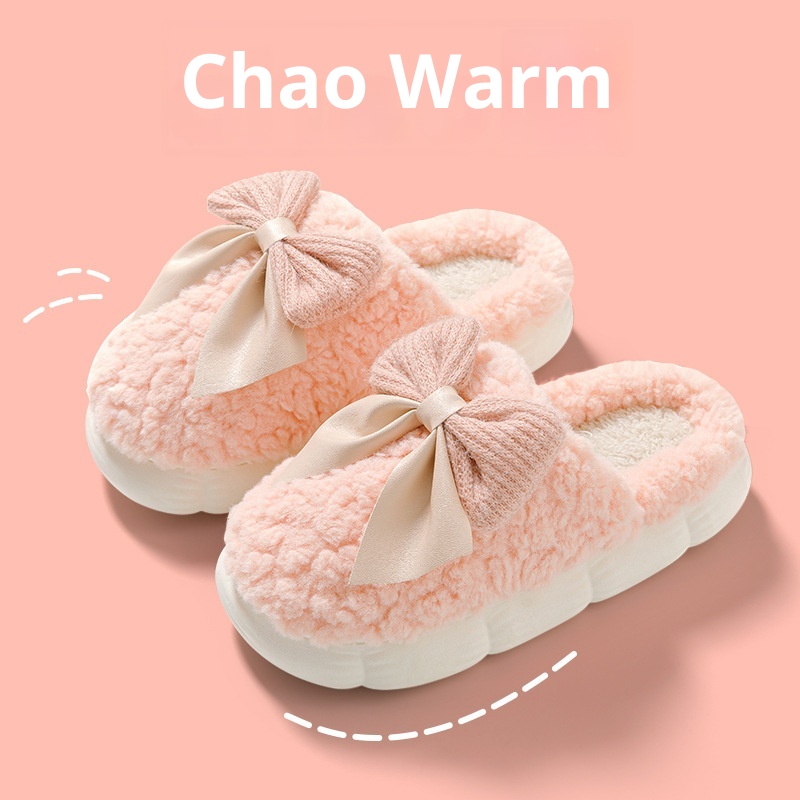 Zees Closed-Toe Cotton Autumn And Indoor Bowknot Warm Thick-Soled Home Furry Slippers For Women, Postpartum Winter_voghion.com