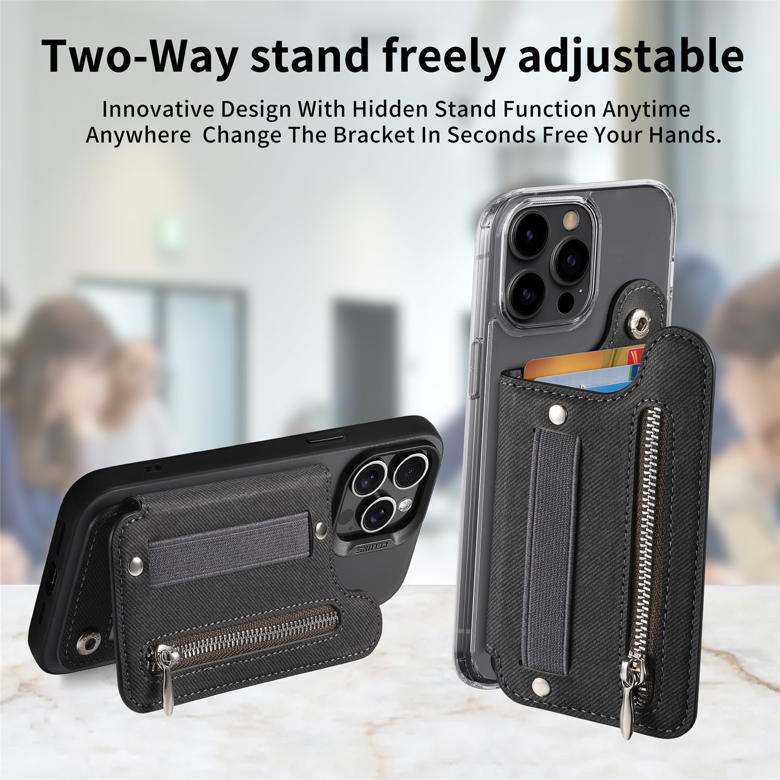 TechGlobe Rückseitenaufkleberhalter Kartenetui Links und Rechts Klappbar Große Aufbewahrung Brieftasche RFID Ständer Handytasche Handschlaufe Elastische Kordel_voghion.com