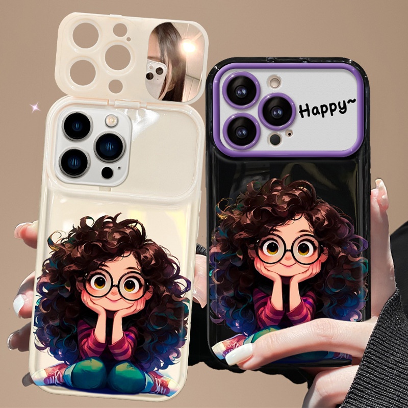 TechGlobe Compatible With 15 Pro Max Phone Case IPhone 14 Curly Hair Glasses Girl Pendant 13 Flip Cover Mirror Silicone_voghion.com