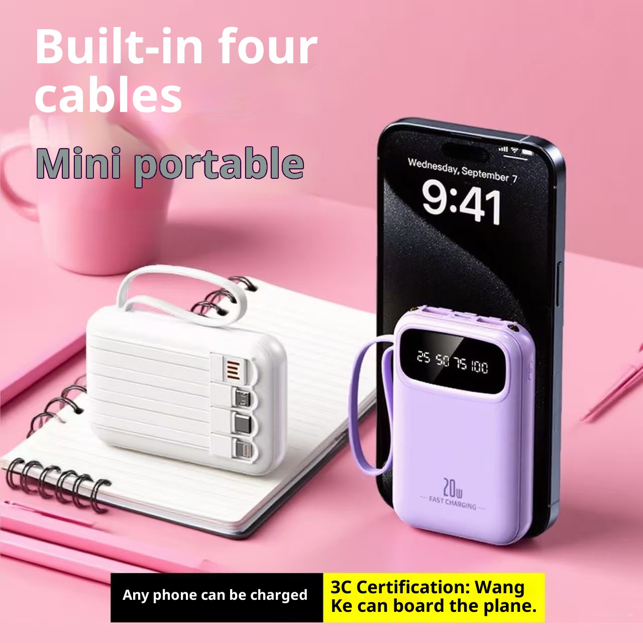 techglobe 3C Certified 20000mAh Ultra Large Capacity Bank Mini Built-in Cable Portable Mobile Power Wholesale Customization_voghion.com