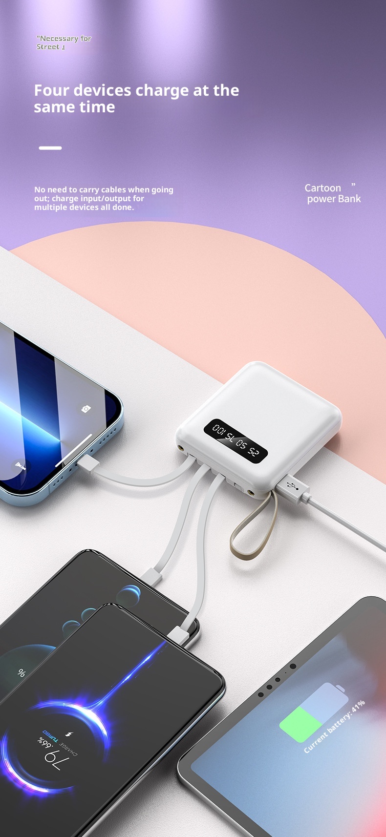 techglobe 20000mAh Large Capacity Macaron Bank Small Mini Portable With Detachable Cable Mobile Power Supply_voghion.com