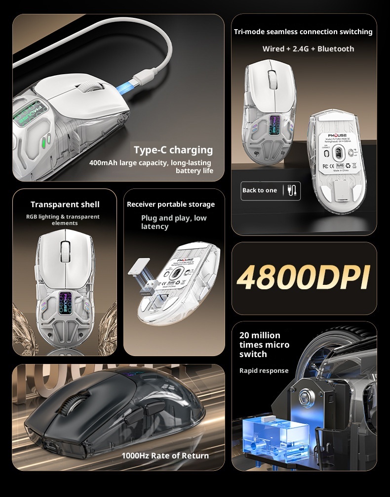 Digitex Digitex Huma Wireless Bluetooth Three-Mode Semi-Transparent Ro Programming Silent E-Sports Gaming Mouse_voghion.com