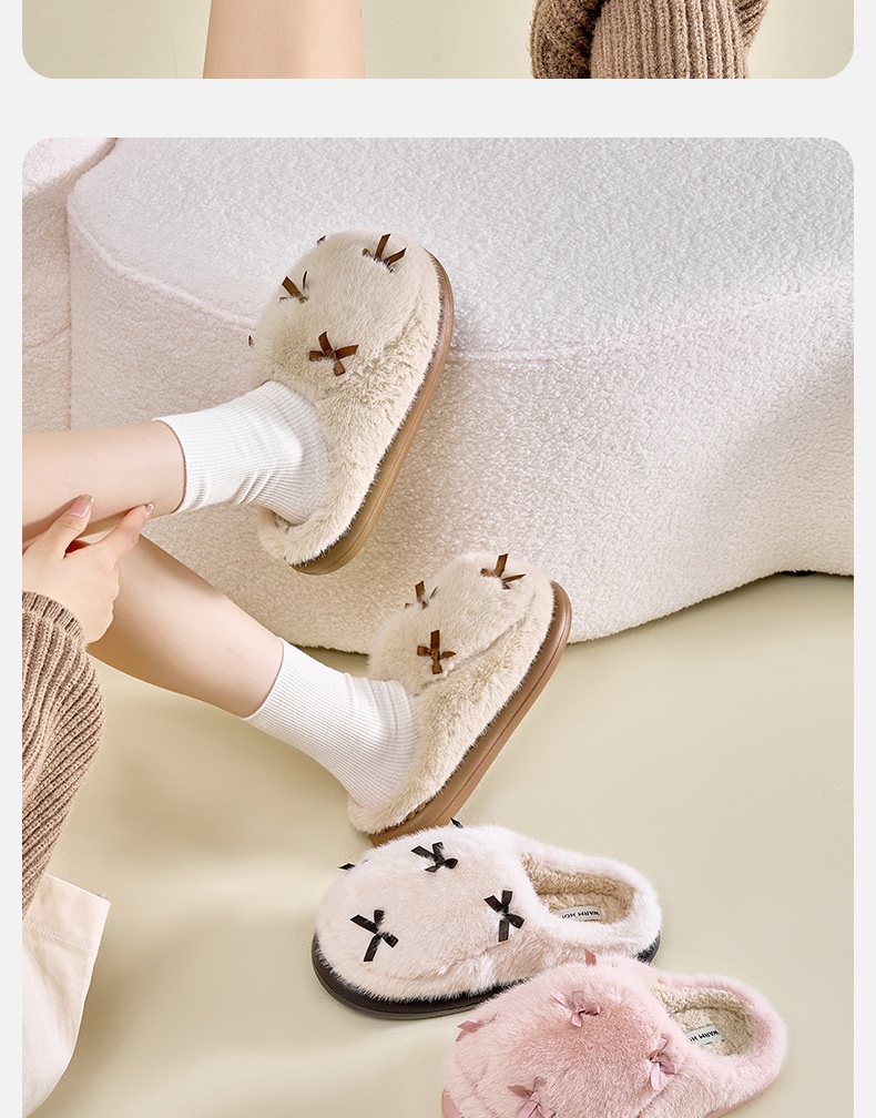 Zees Bowknot For Women Winter Indoor Thick Sole Furry Home Plush Warm Cotton Slippers_voghion.com