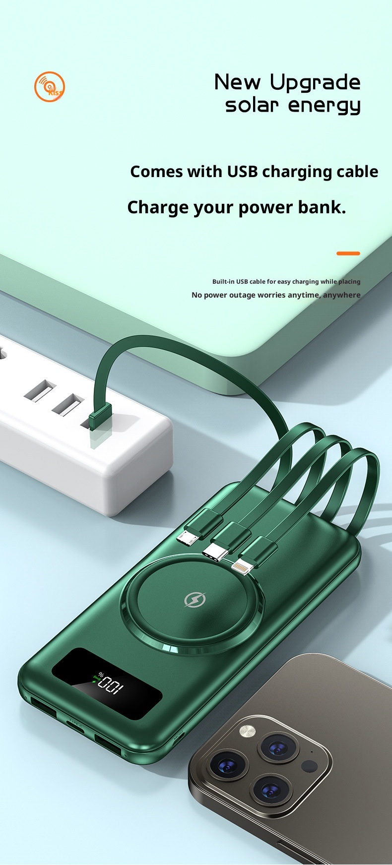 techglobe Grenzüberschreitende drahtlose Powerbank mit integriertem Kabel, großer Kapazität (20000 mAh), Schnellladefunktion, individuell anpassbar_voghion.com