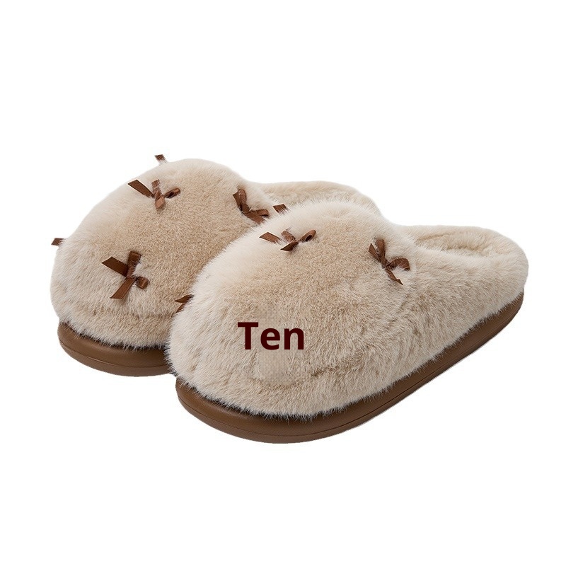 Zees Bowknot For Women Winter Indoor Thick Sole Furry Home Plush Warm Cotton Slippers_voghion.com