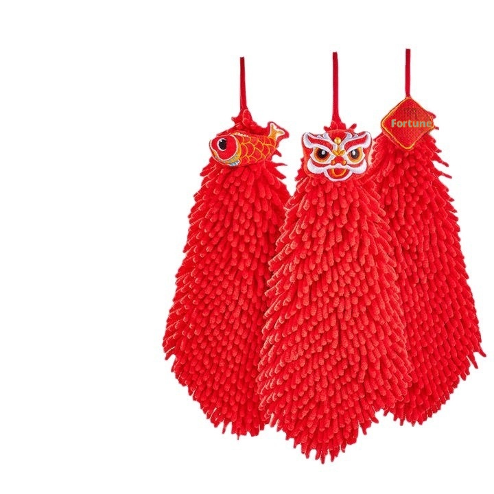 Lillian Chenille Red Festive Gift Kitchen Bathroom Hanging Absorbent Towel Household Hand Drying_voghion.com