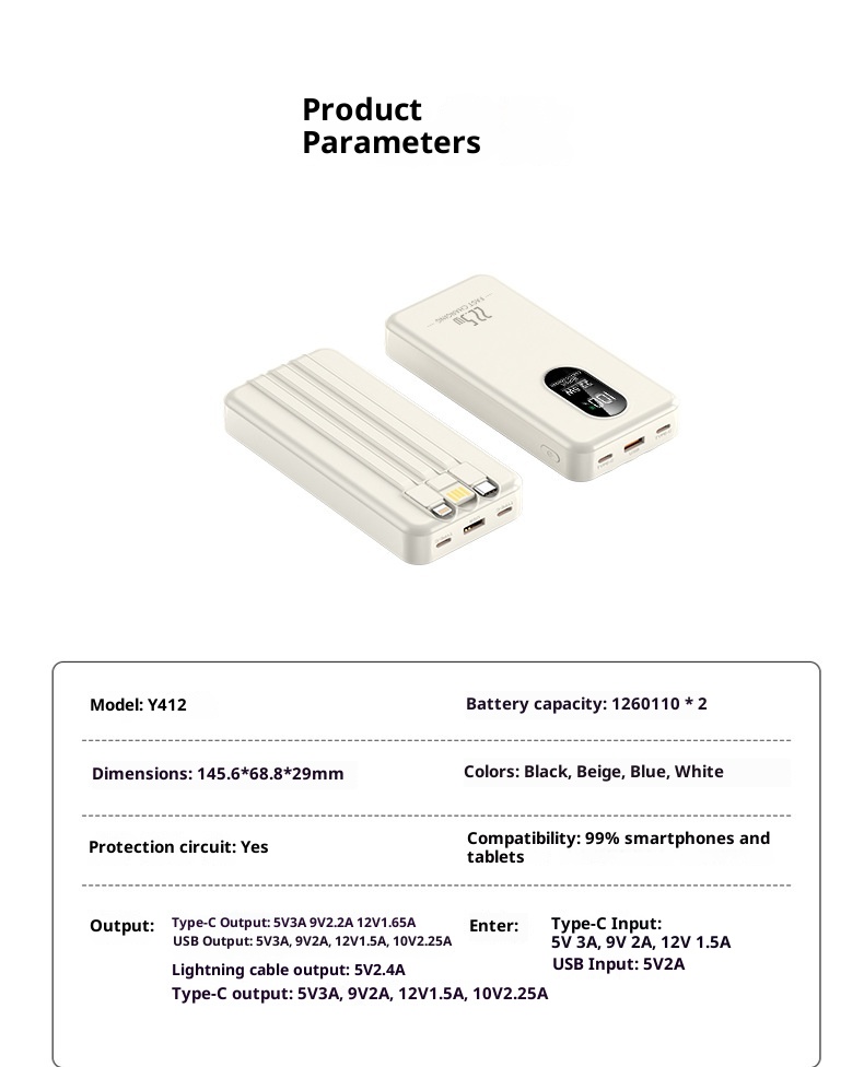 TechGlobe 2025 New Model 22.5W Super Bidirectional Fast Charging 20000mAh Built-in Cable Bank Mobile Power Supply Printing_voghion.com