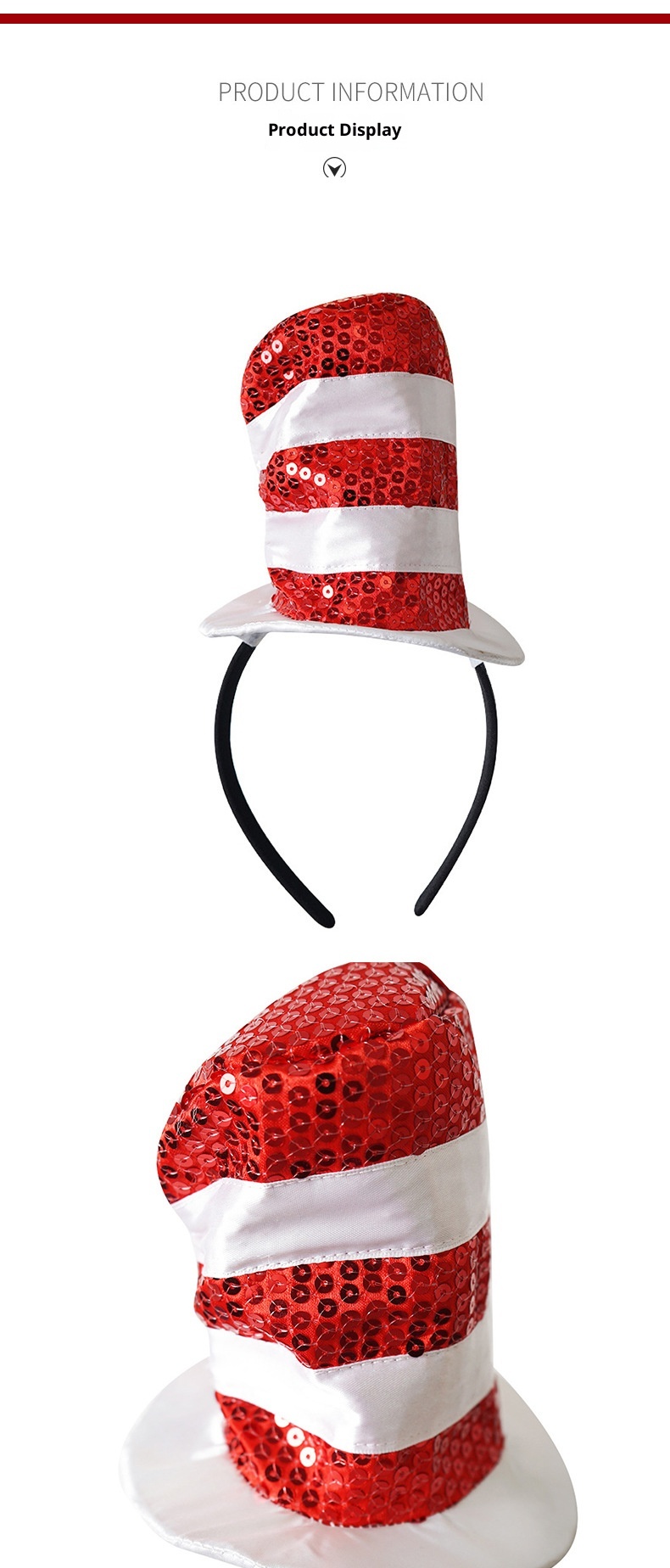 Lillian Role Play Prom Red White Sequin Striped Stage Performance Dr. Seuss European And American Style Hat_voghion.com
