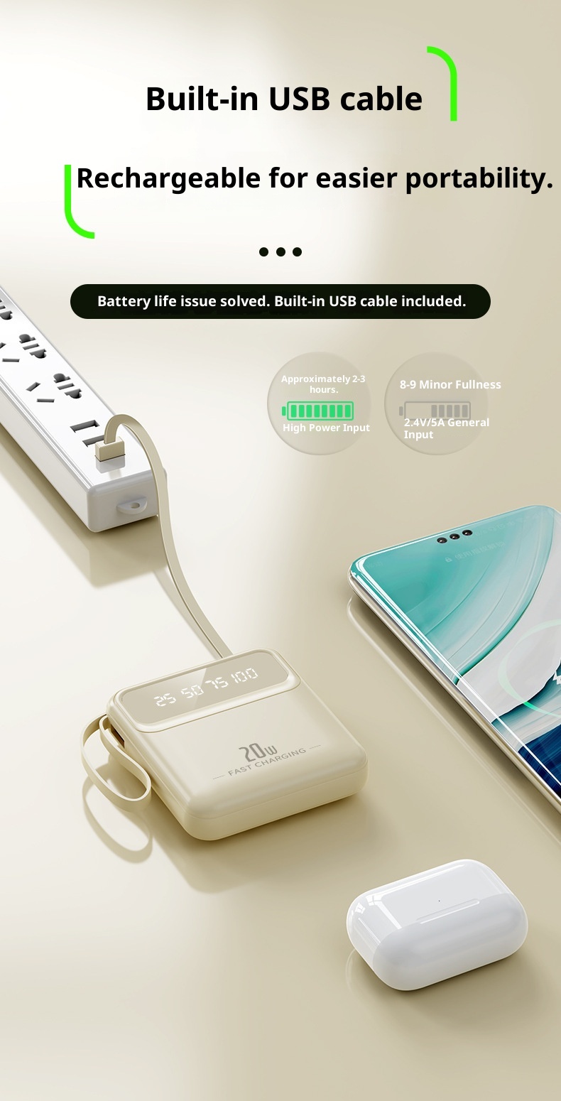 TechGlobe Gift Power Bank Wholesale Mini With Built-in 20000mAh Large Capacity Digital Display Portable Charger Data Cable_voghion.com