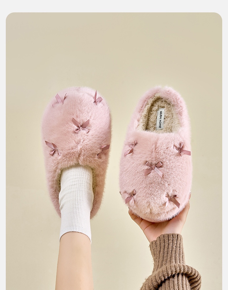 Zees Bowknot For Women Winter Indoor Thick Sole Furry Home Plush Warm Cotton Slippers_voghion.com