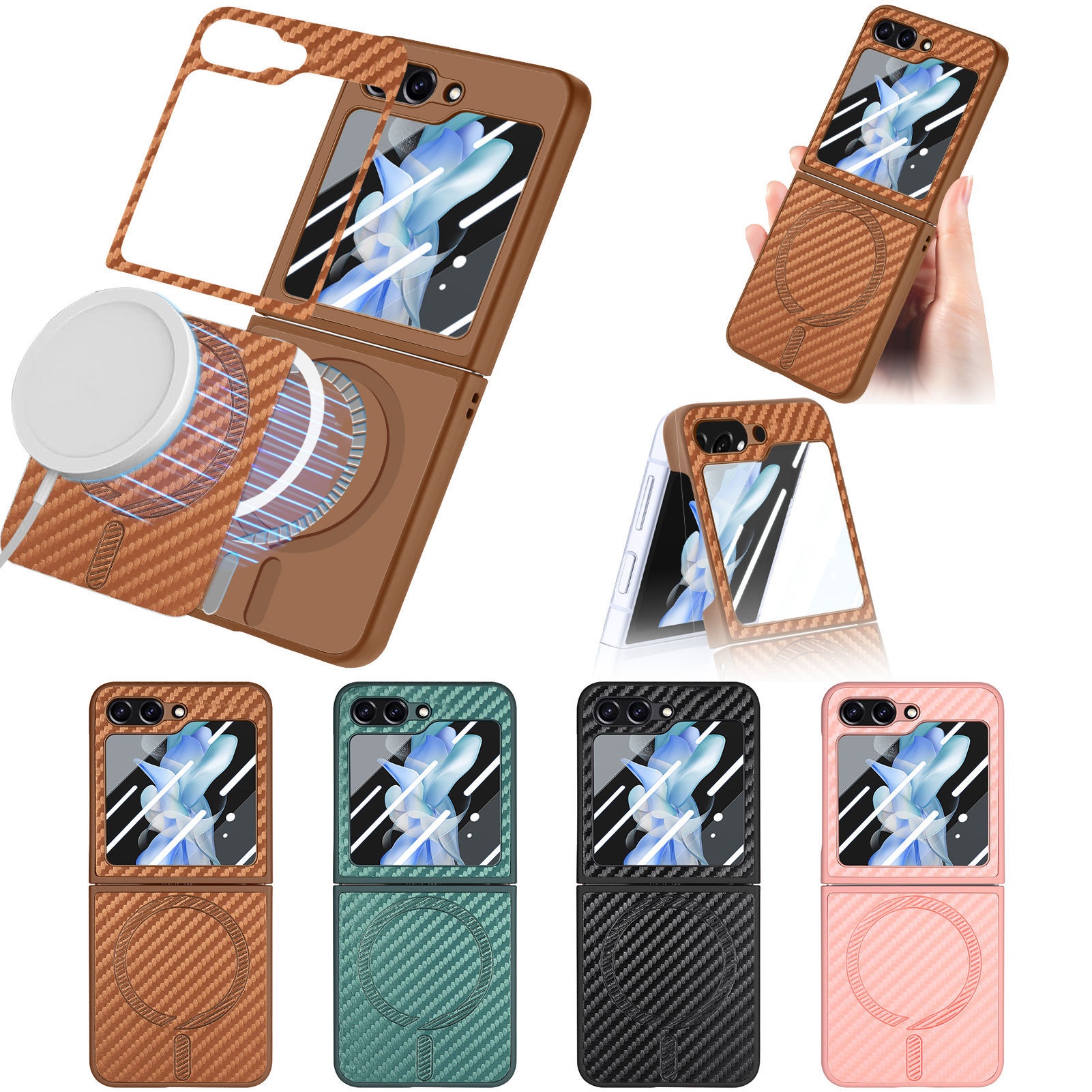 TechGlobe compatibile con Samsung ZFlip6 con motivo in fibra di carbonio, pellicola di ricarica wireless magnetica per telefono integrata, custodia ZFlip5 in scatola_voghion.com