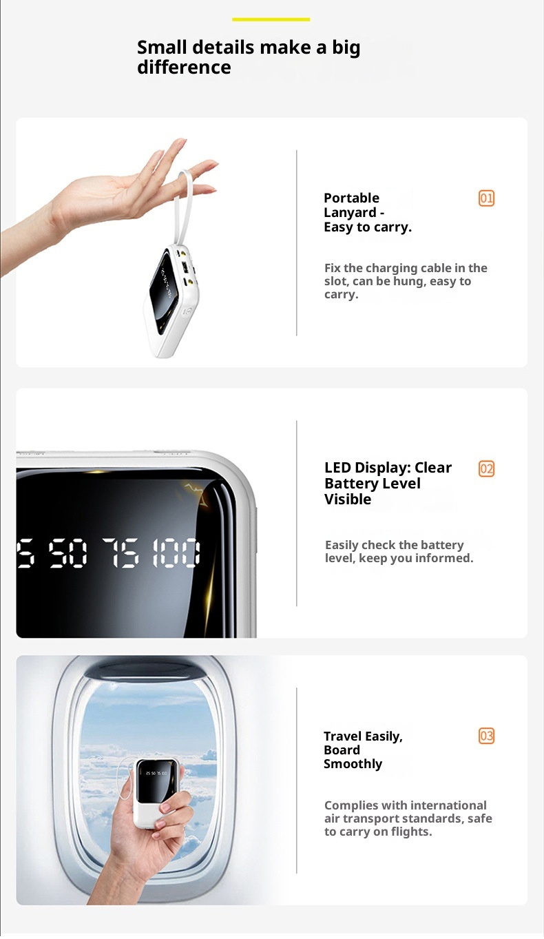 techglobe 20000mAh Gift Wholesale With Built-in Cable Digital Display Portable Large Capacity Power Bank_voghion.com