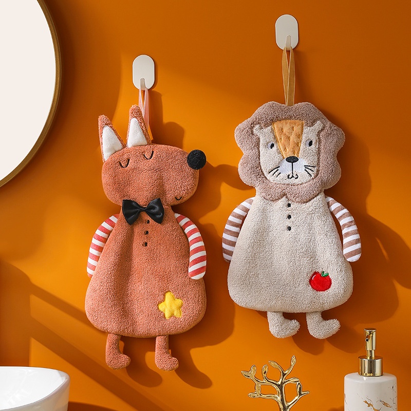 Lillian Cartoon Animal Shaped Coral Fleece Hand Bathroom Hanging Absorbent Kitchen Thick Embroidered Square Towel Cross-Border_voghion.com