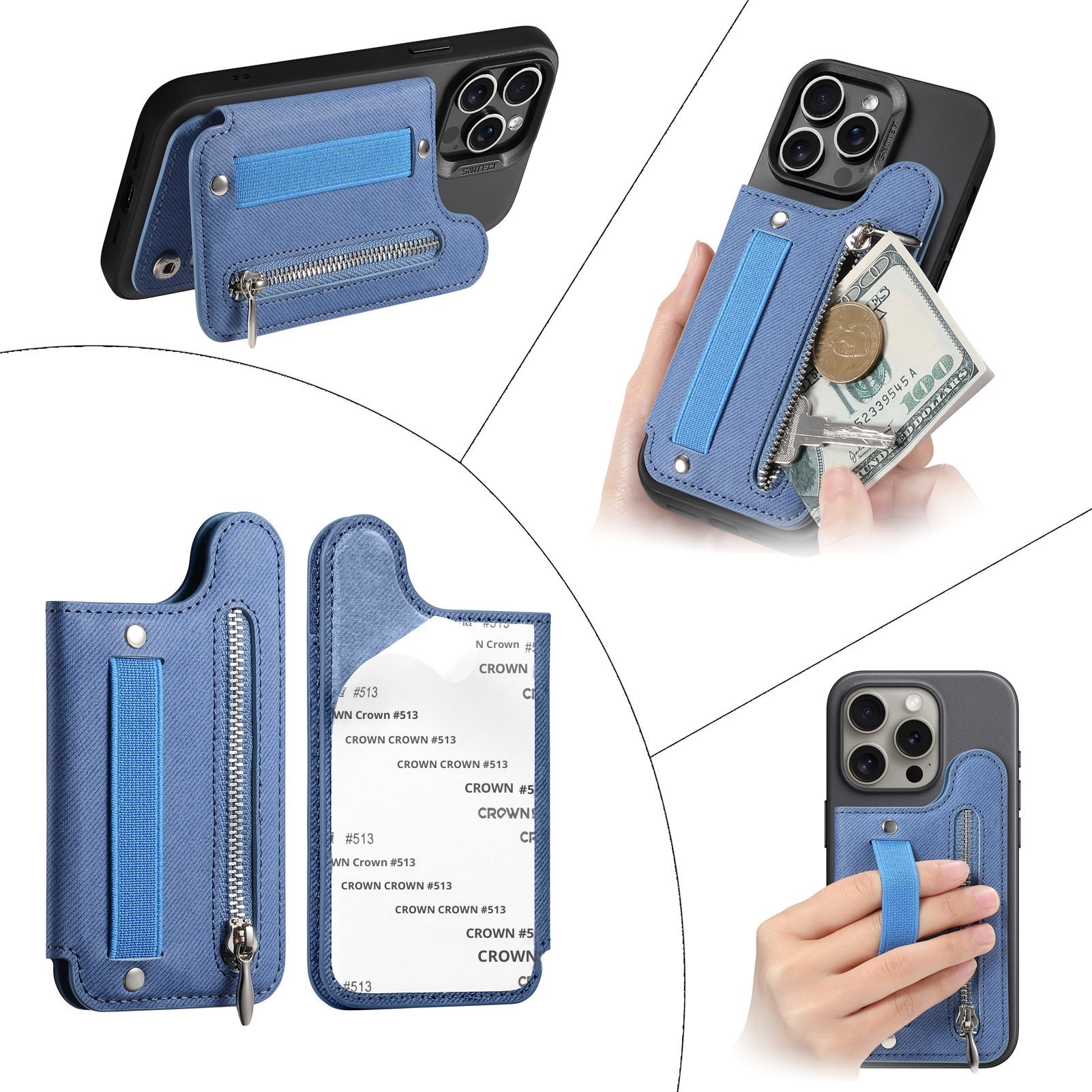 TechGlobe Rückseitenaufkleberhalter Kartenetui Links und Rechts Klappbar Große Aufbewahrung Brieftasche RFID Ständer Handytasche Handschlaufe Elastische Kordel_voghion.com