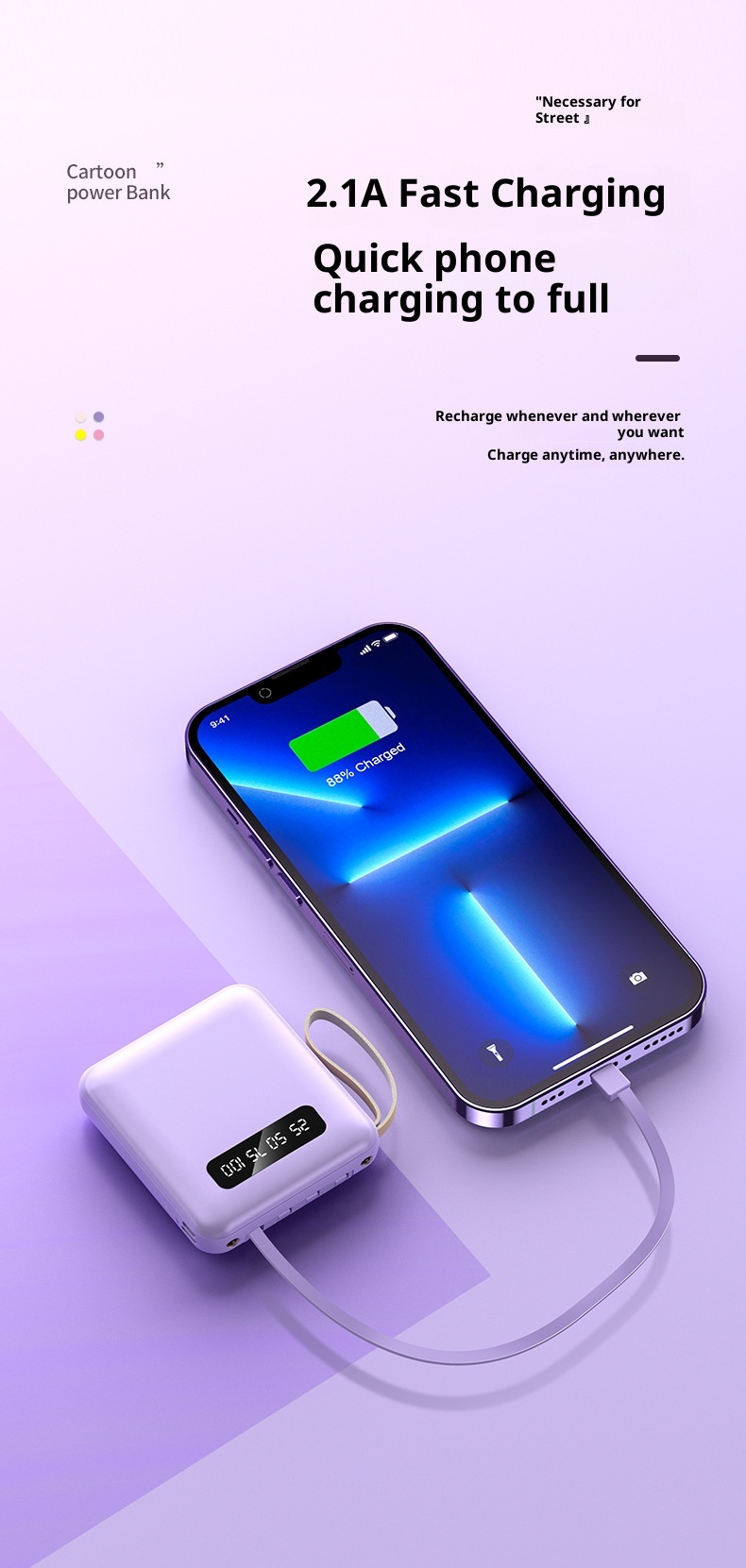 techglobe 20000mAh Large Capacity Macaron Bank Small Mini Portable With Detachable Cable Mobile Power Supply_voghion.com