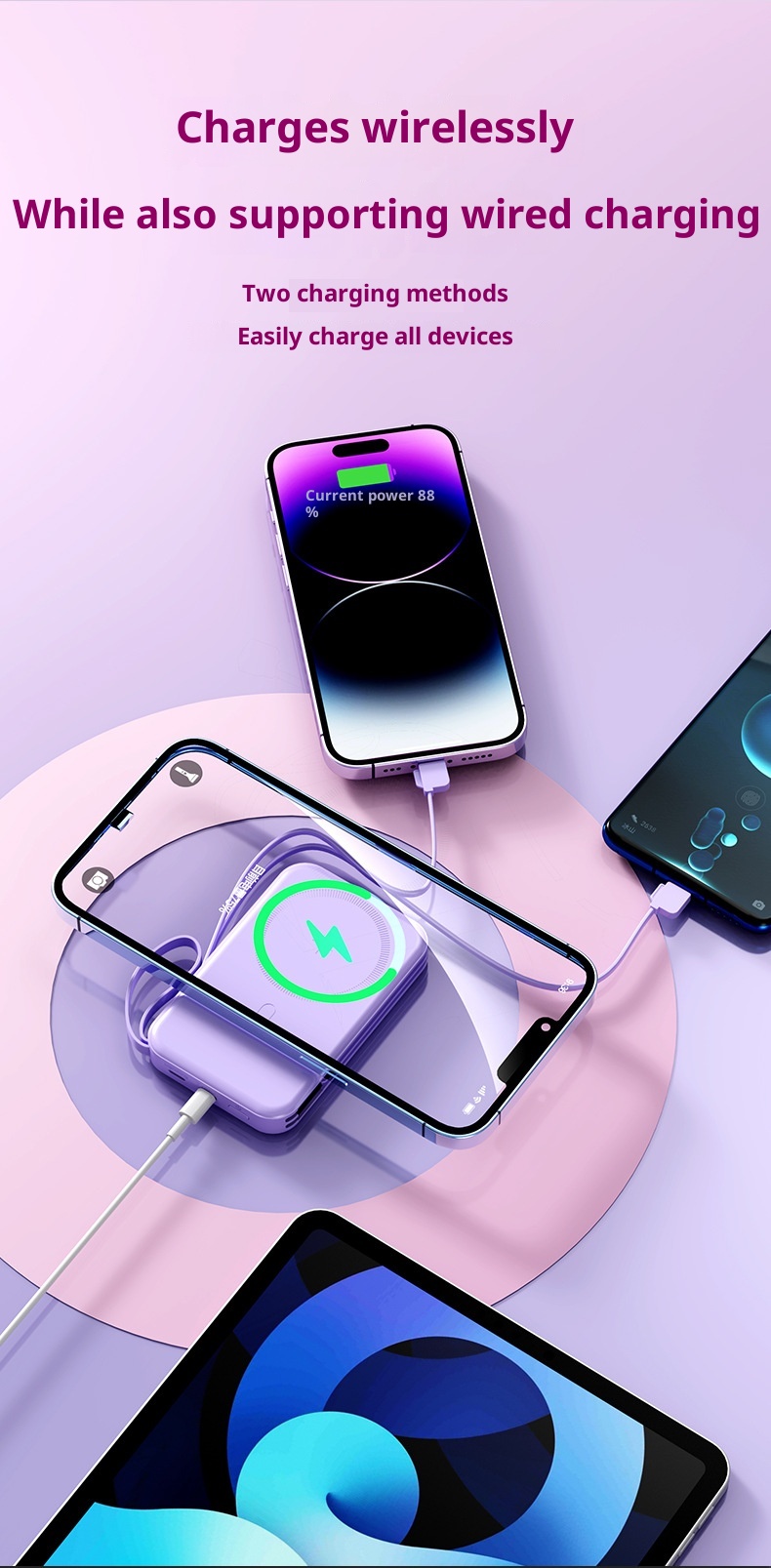 TechGlobe Built-in Dual-Wire Magnetic Wireless Charging Power Bank 10000mAh Mini Compact Portable Charger_voghion.com