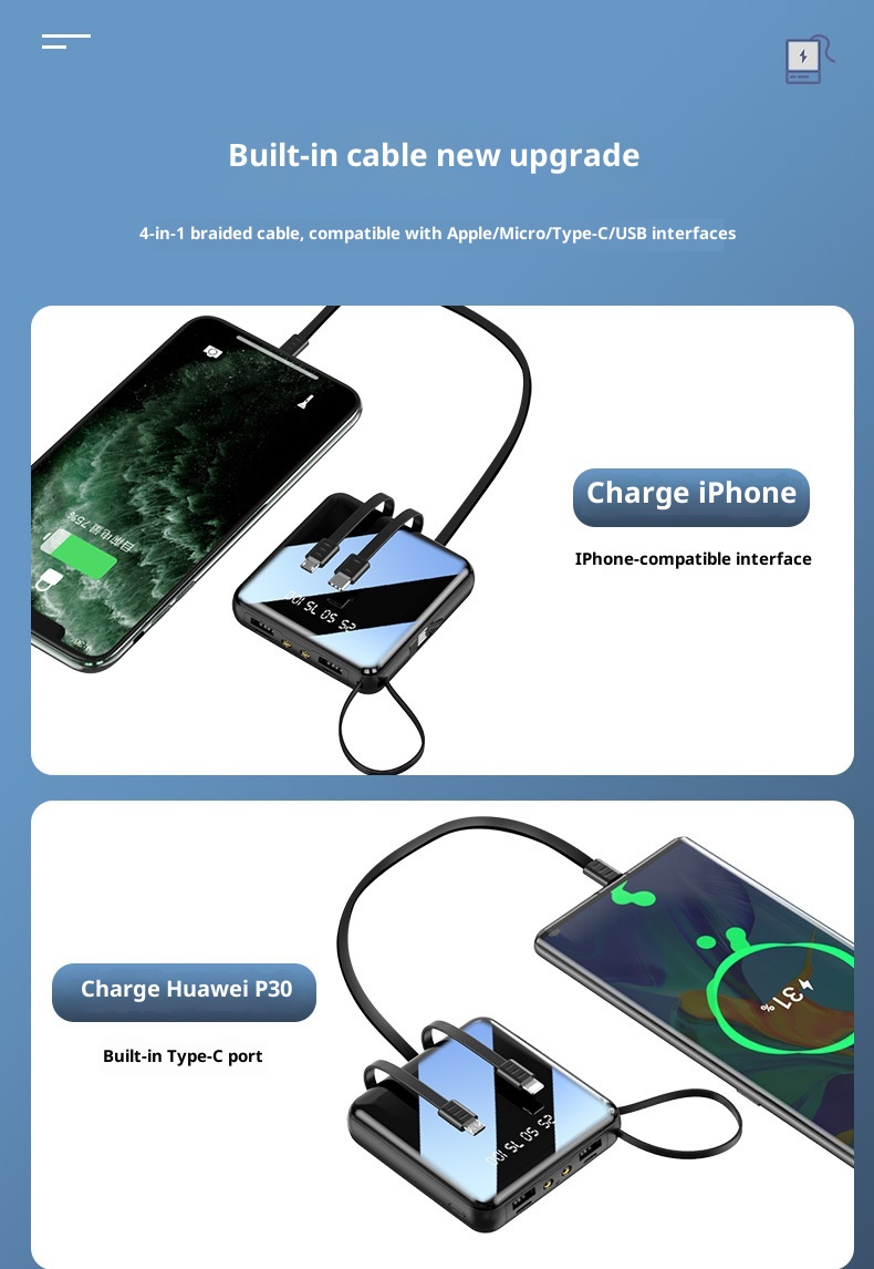techglobe Mini Built-in Cable Bank 20000mAh Large Capacity Portable Mobile Power Supply Gift Custom Wholesale_voghion.com