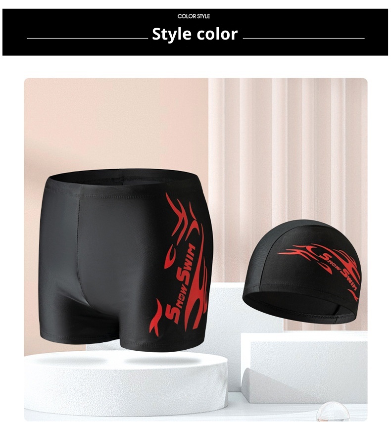 001 Factory Direct Men's Boxer Polyester Flame Hot Spring Comfortable Plus Size Adult Quick-Dry Trunks Swim Cap Set_voghion.com