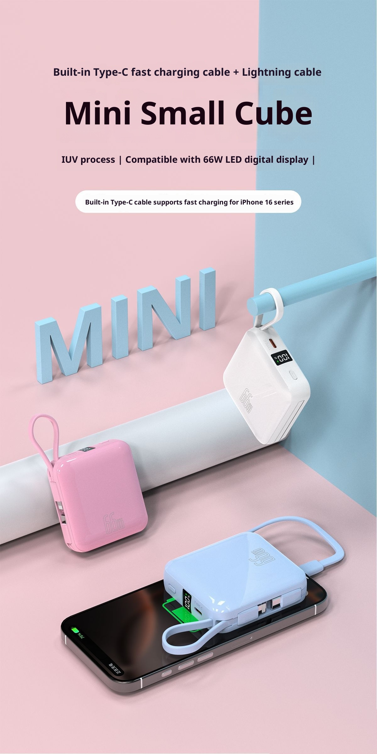 techglobe 3C-zertifizierte Mini-Bank mit integriertem Kabel, 10000 mAh, 22,5 W Schnellladefunktion, kompaktes, tragbares Netzteil_voghion.com