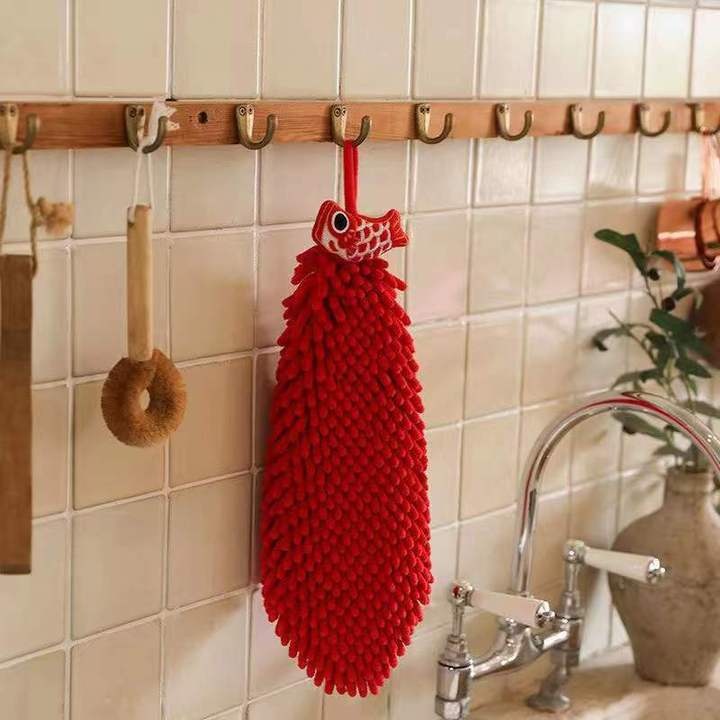 Lillian Chenille Red Festive Gift Kitchen Bathroom Hanging Absorbent Towel Household Hand Drying_voghion.com