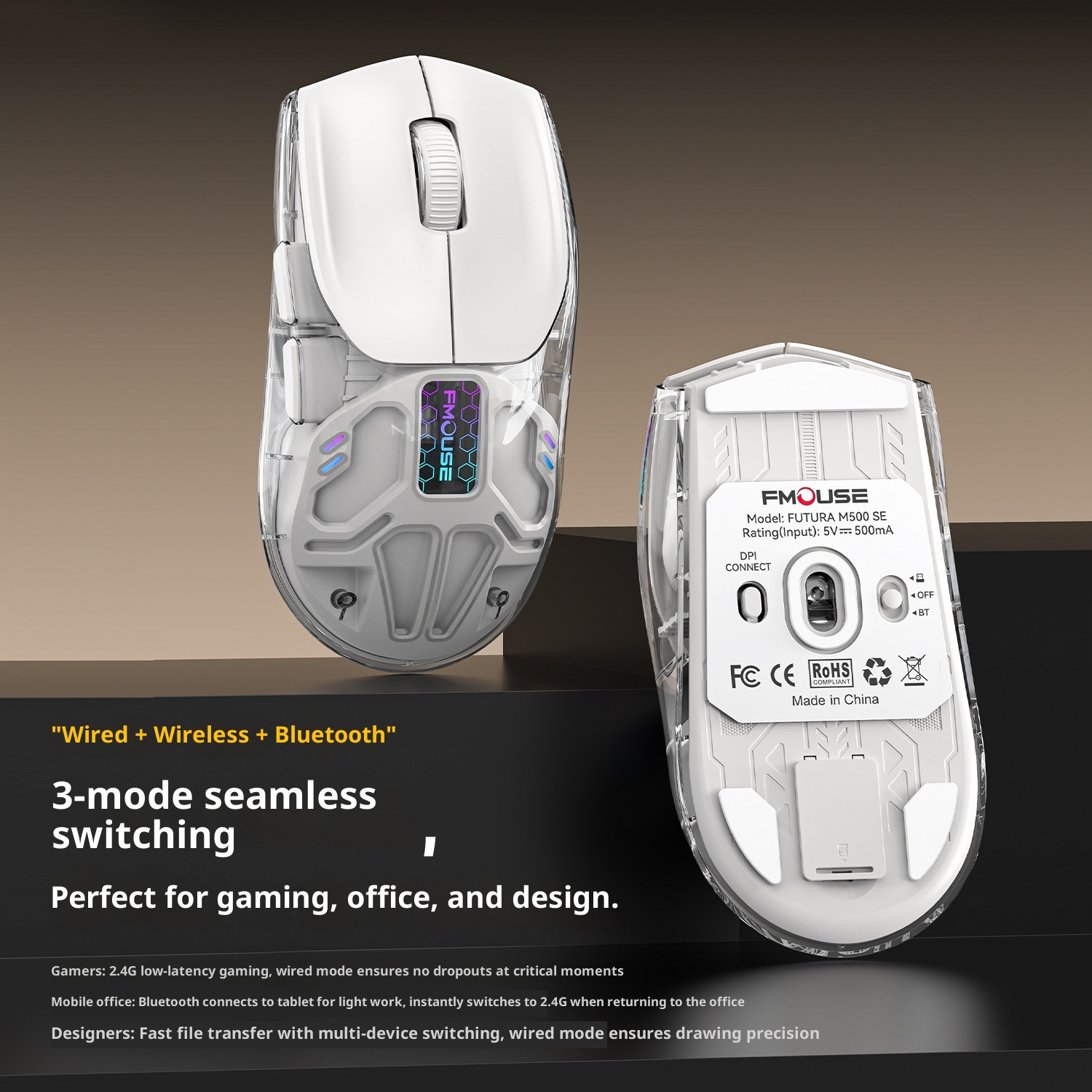 Digitex Digitex Huma Wireless Bluetooth Three-Mode Semi-Transparent Ro Programming Silent E-Sports Gaming Mouse_voghion.com