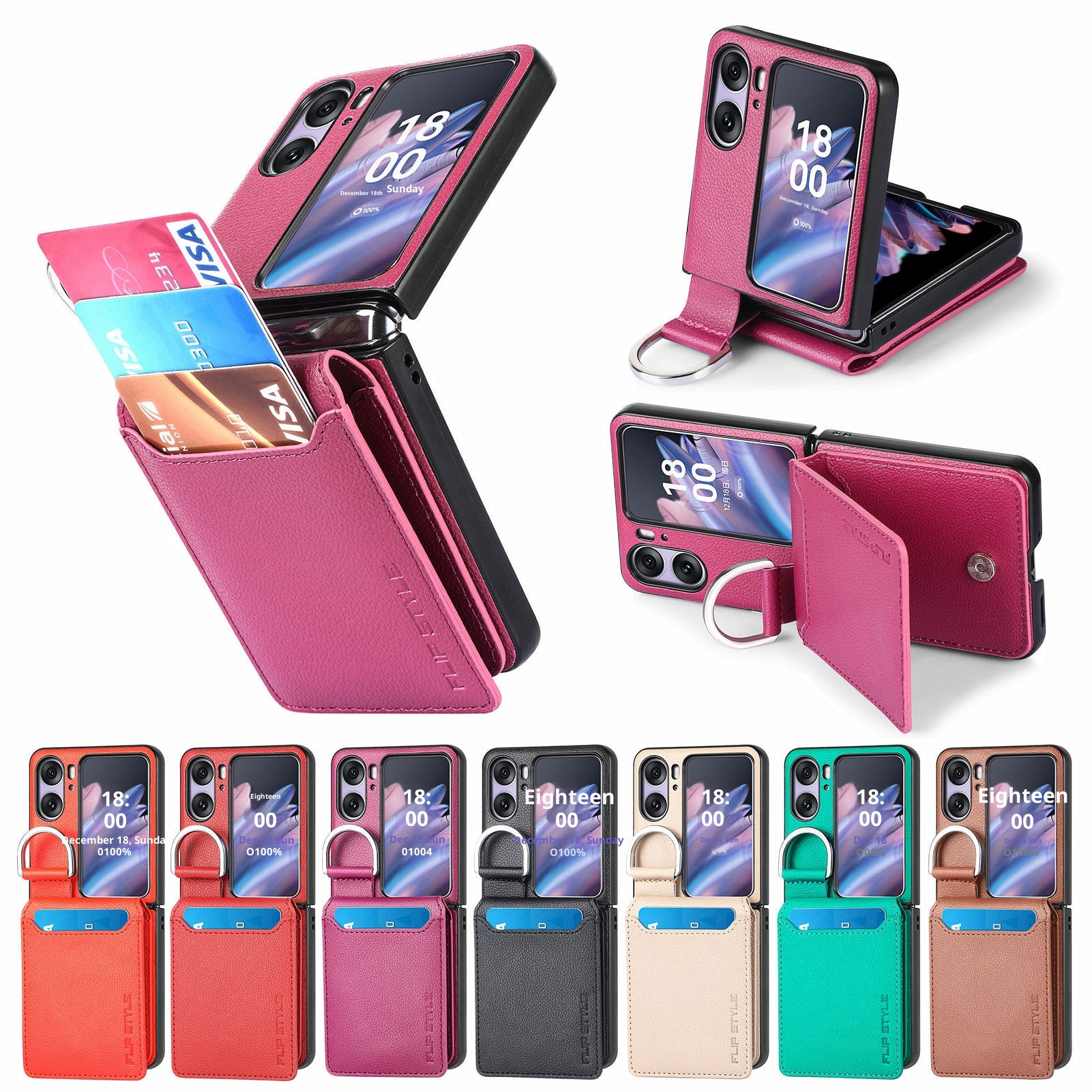 TechGlobe Compatible With OPPO Find N3 Lychee Pattern Flip Cover Holder Ring Phone Case Multi-Functional Card Slot Stand_voghion.com