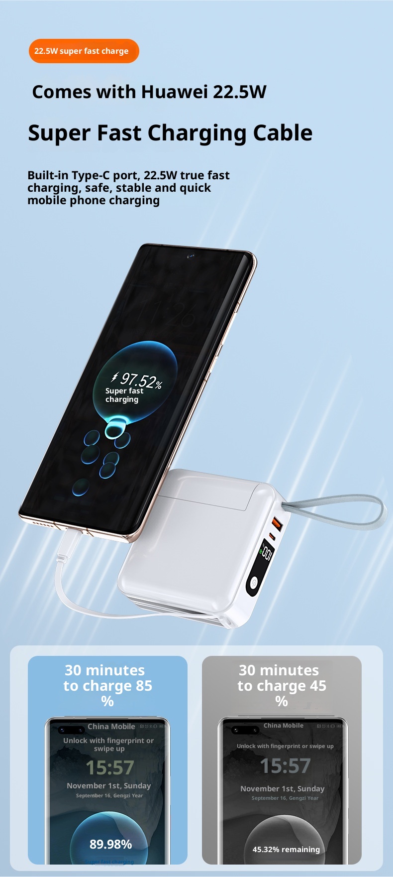 Batterie externe Techglobe 22,5 W à charge ultra-rapide avec prise secteur et câble intégré personnalisé, capacité de 20 000 mAh. Chargeur portable haute capacité._voghion.com