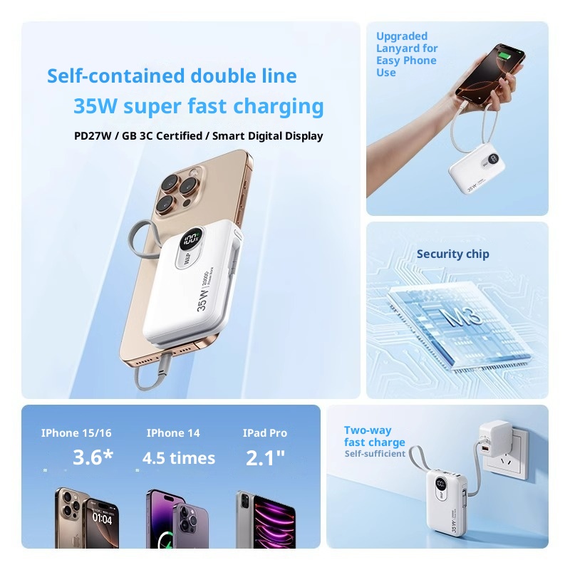 techglobe W&P Power Bank With Built-in Cable, Compact And Portable, Ultra-Thin, 2W MAh Large Capacity, 45W Fast Charging, Airplane_voghion.com