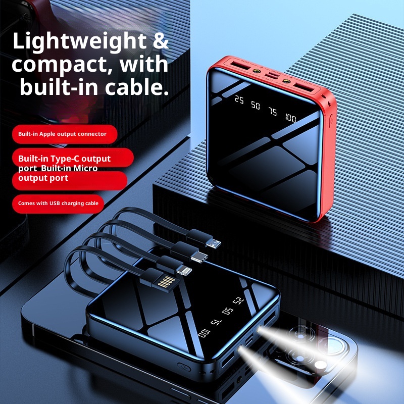 TechGlobe Mini-Bank mit integriertem Kabel, hoher Kapazität (20000 mAh), individuell anpassbar, spiegelnder Oberfläche, Digitalanzeige, mobiler Stromversorgung_voghion.com