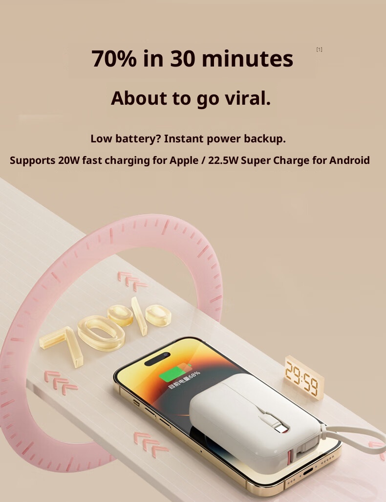 techglobe 3C-zertifizierte Mini-Powerbank mit integriertem Kabel, kompatibel mit Huawei 15/16, kompakt, tragbar, Schnellladefunktion_voghion.com