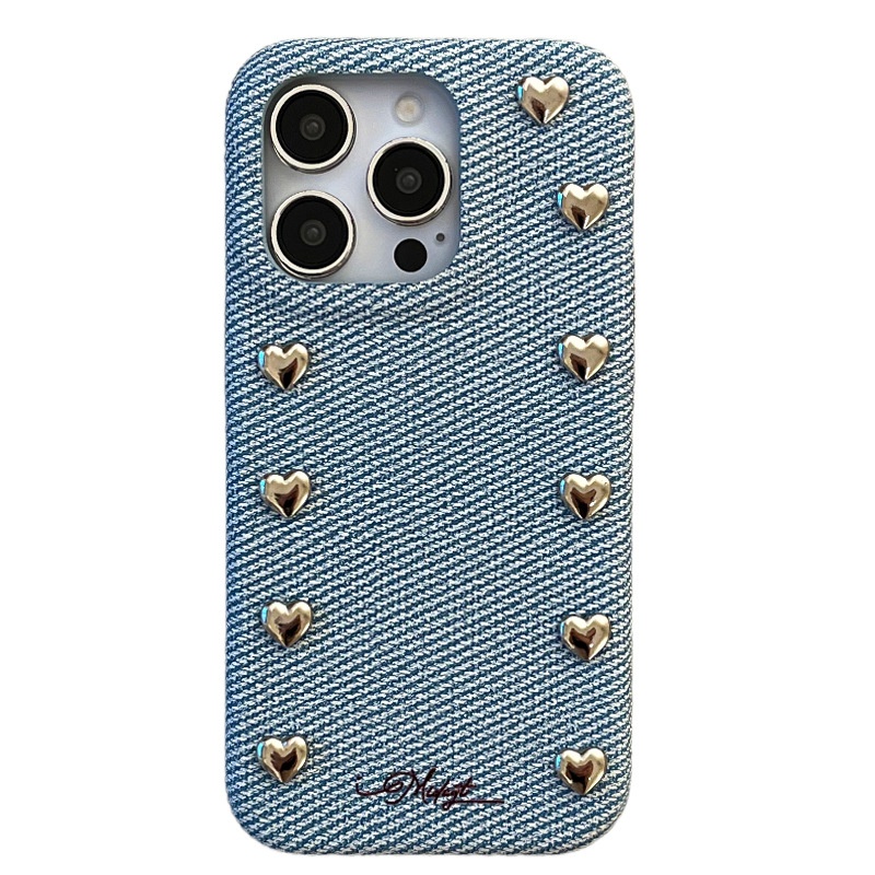 Custodia in pelle TechGlobe di alta qualità con texture denim 3D in argento a forma di cuore, compatibile con iPhone 13 Pro Max, nuovo modello._voghion.com