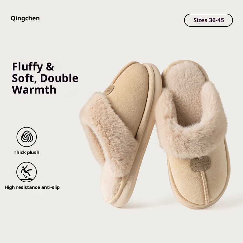 Zees Qingchen 2025 Winter New Fleece Floor Mop For Women, Plush Warm Indoor Thick Sole Non-Slip Cotton Slippers_voghion.com