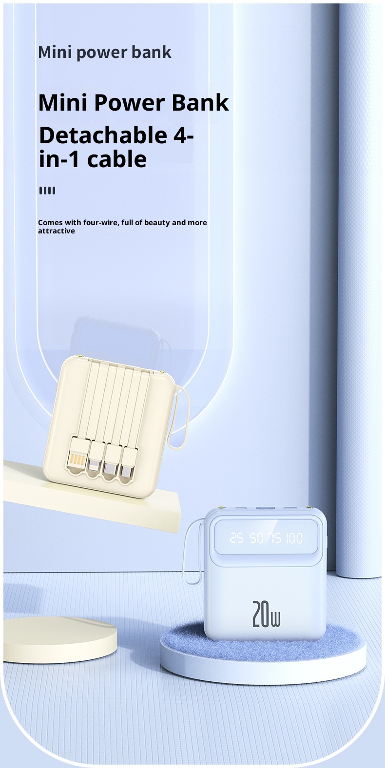 techglobe Mini-Schnellladefunktion mit integriertem Kabel, 20000mAh Powerbank, individuell anpassbar, Großhandelsgeschenk, tragbarer Akku mit großer Kapazität_voghion.com