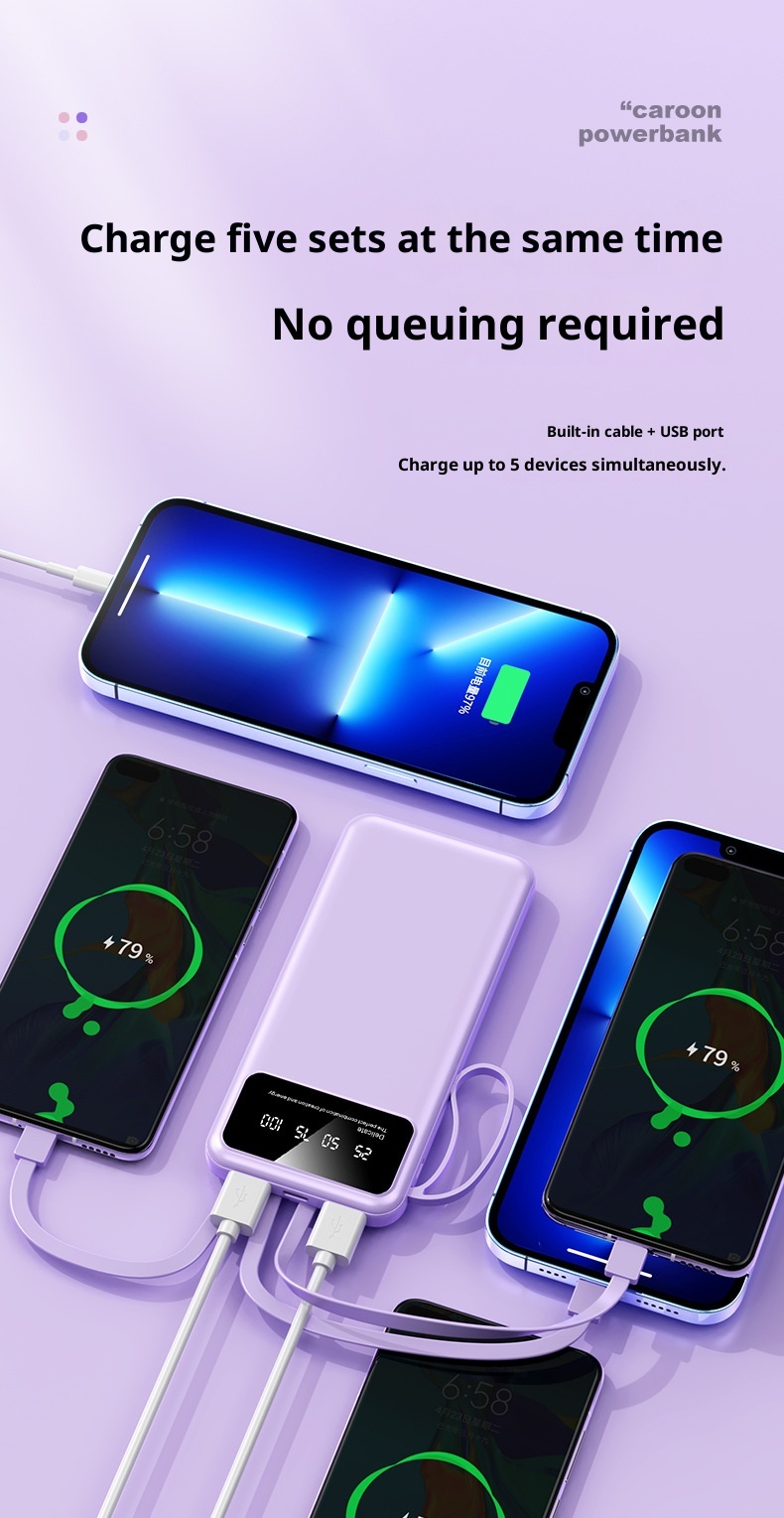 techglobe Bank 20000mAh Large Capacity With Built-in Cable Ultra-thin Shared Mobile Power Gift Custom Cross-border_voghion.com