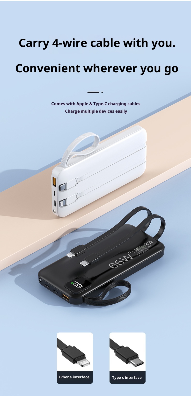 techglobe KC Cross-Border Super Fast Charging Bank 20000mAh With Built-in Cable Large Capacity Compact Portable Customizable_voghion.com