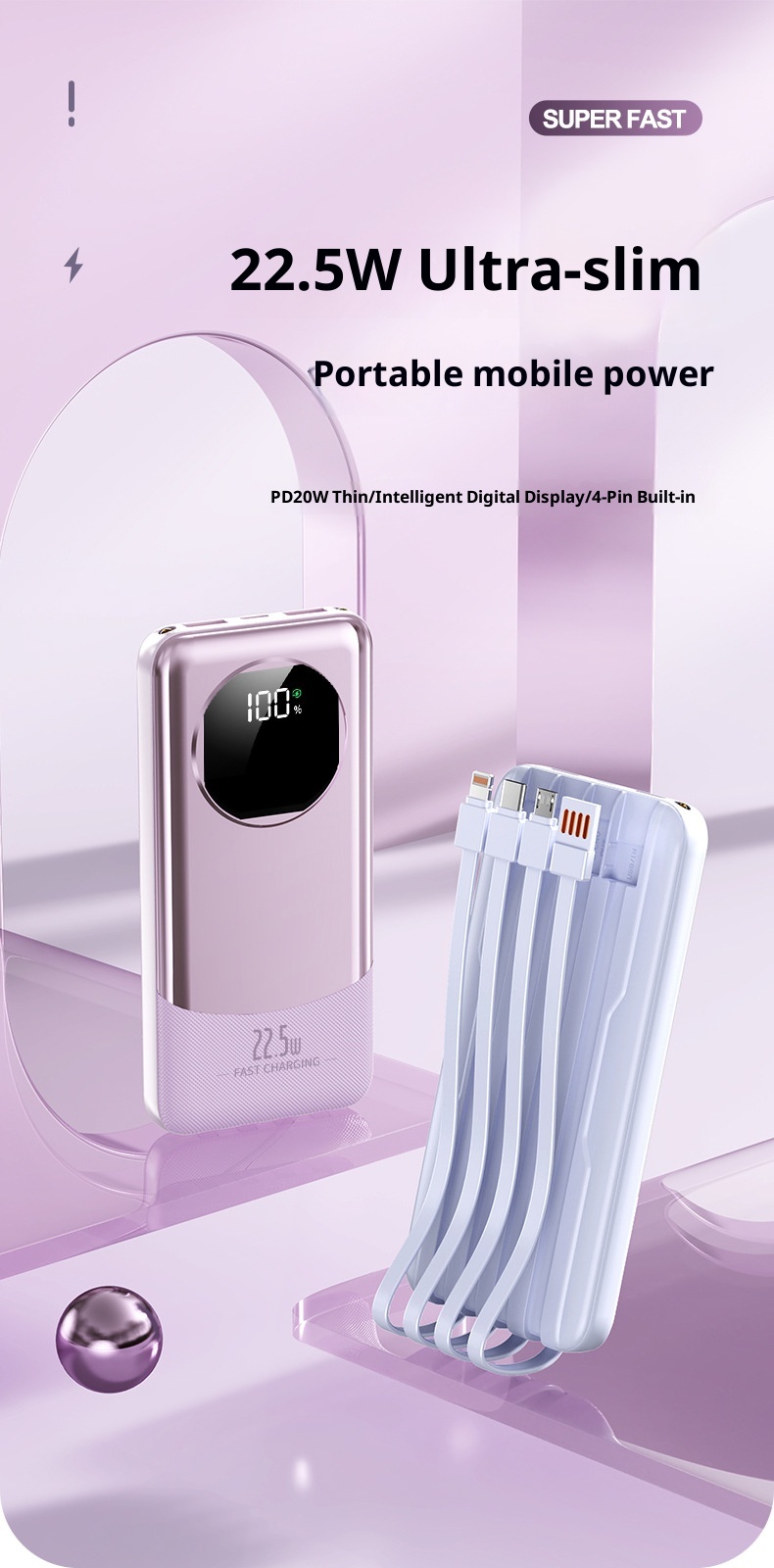 Techglobe 22,5W Powerbank mit großer Kapazität (20000mAh), integriertem Kabel, Schnellladefunktion, leicht, Geschenkidee, mobile Powerbank, personalisierbar_voghion.com