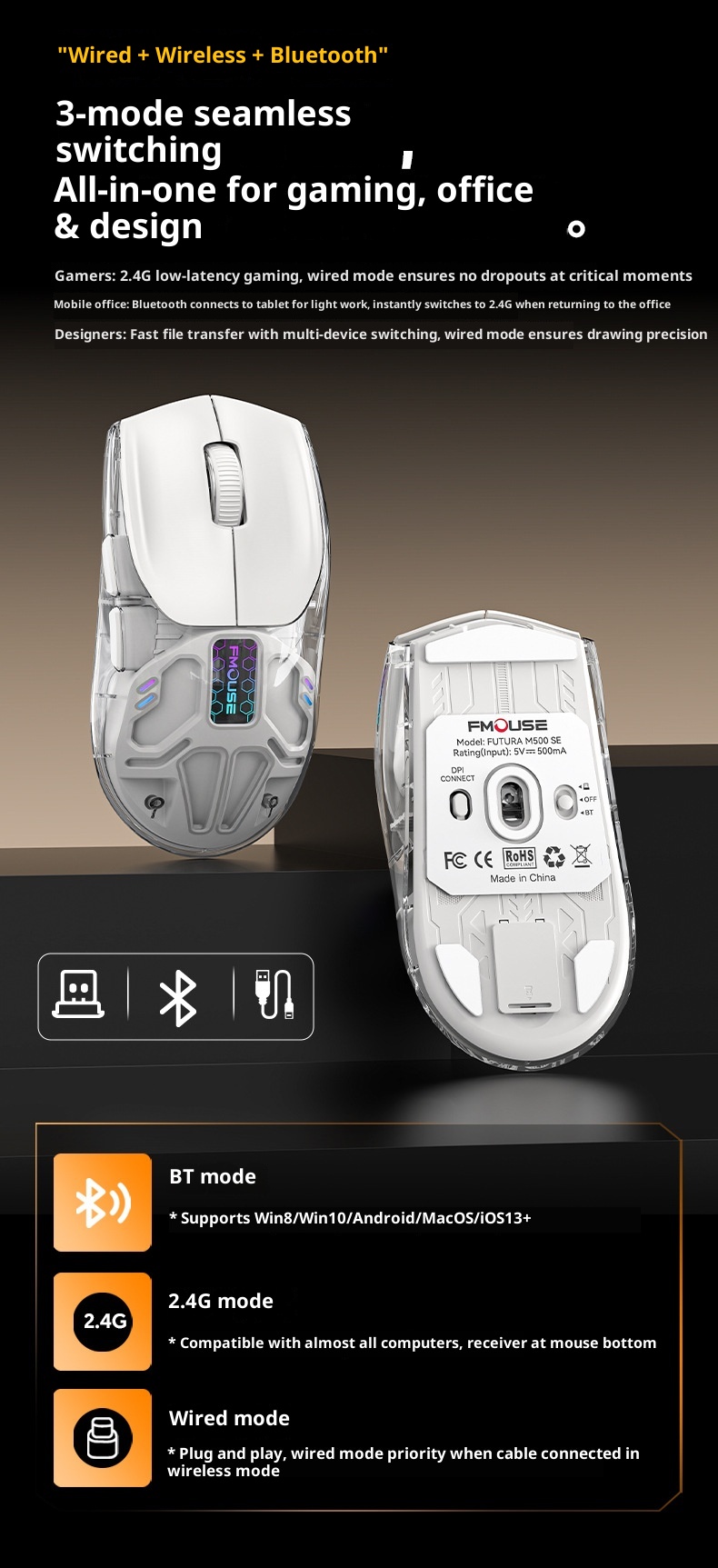 Digitex Digitex Huma Wireless Bluetooth Three-Mode Semi-Transparent Ro Programming Silent E-Sports Gaming Mouse_voghion.com