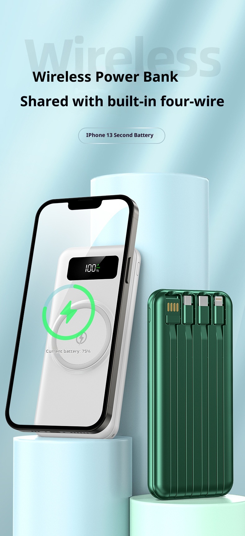 techglobe Grenzüberschreitende drahtlose Powerbank mit integriertem Kabel, großer Kapazität (20000 mAh), Schnellladefunktion, individuell anpassbar_voghion.com