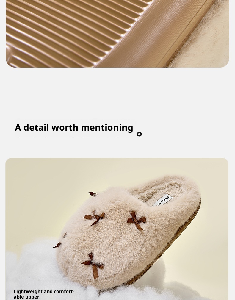 Zees Bowknot For Women Winter Indoor Thick Sole Furry Home Plush Warm Cotton Slippers_voghion.com