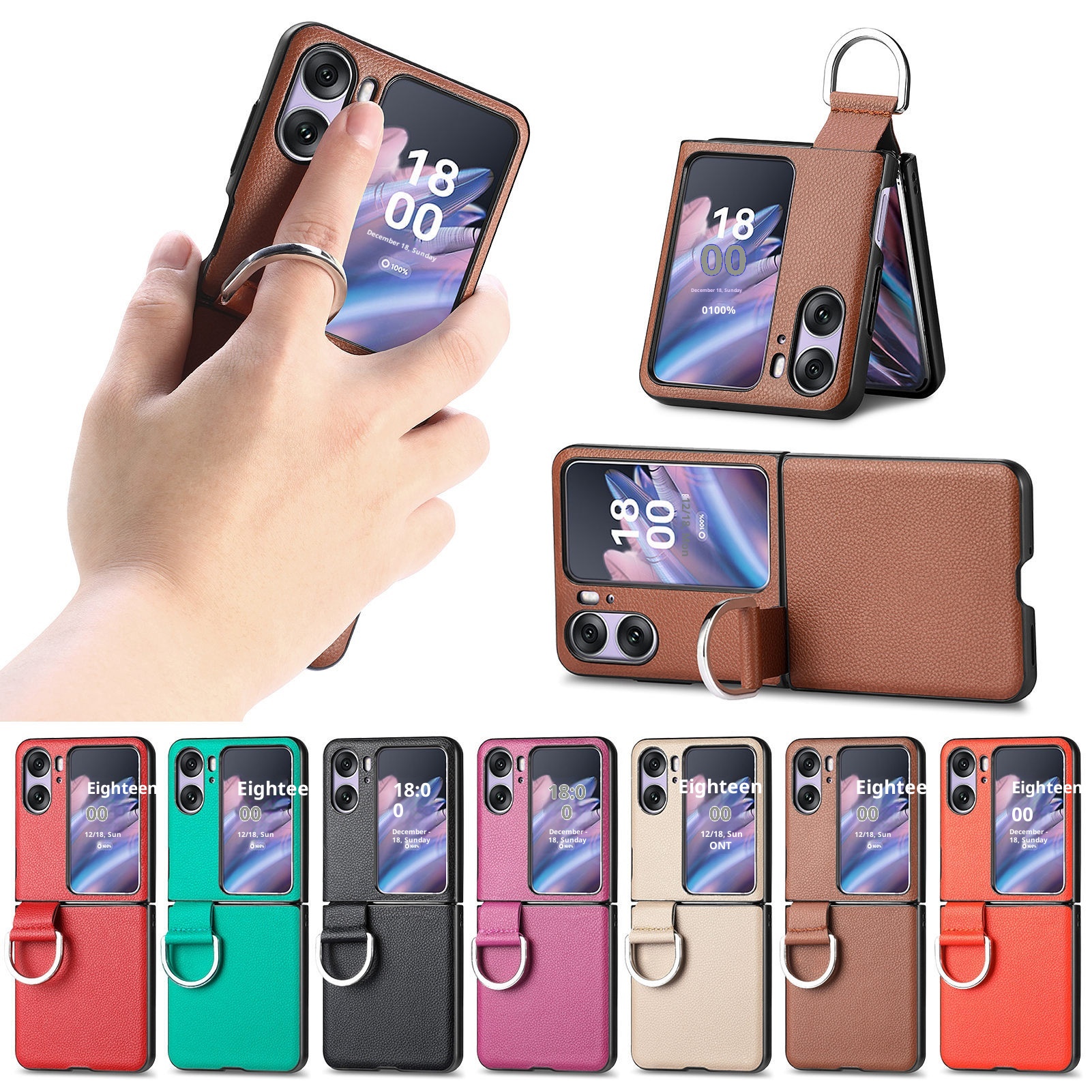 TechGlobe Compatibel met Oppo Find N3 Flip-telefoonhoesje Lychee-patroon Effen kleur Leren ringhouder Omhoog en omlaag vouwbaar scherm_voghion.com