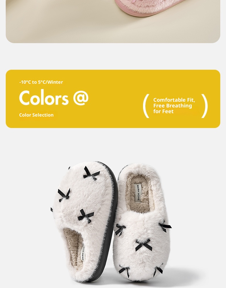 Zees Bowknot For Women Winter Indoor Thick Sole Furry Home Plush Warm Cotton Slippers_voghion.com