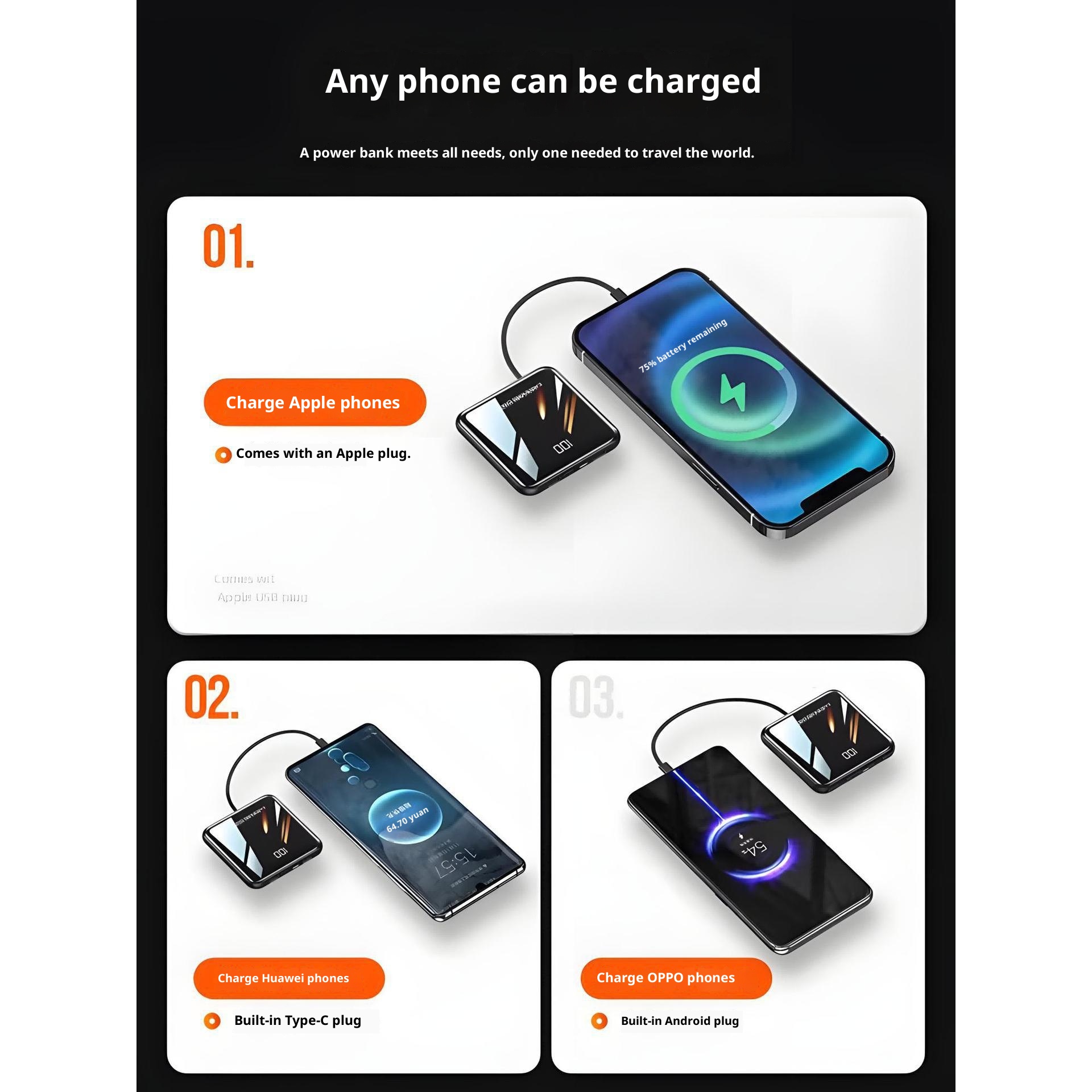 techglobe 3C Certified Mini Built-in Cable 20000mAh Ultra-Thin Bank Fast Charging Mobile Power High-End Gift Custom_voghion.com