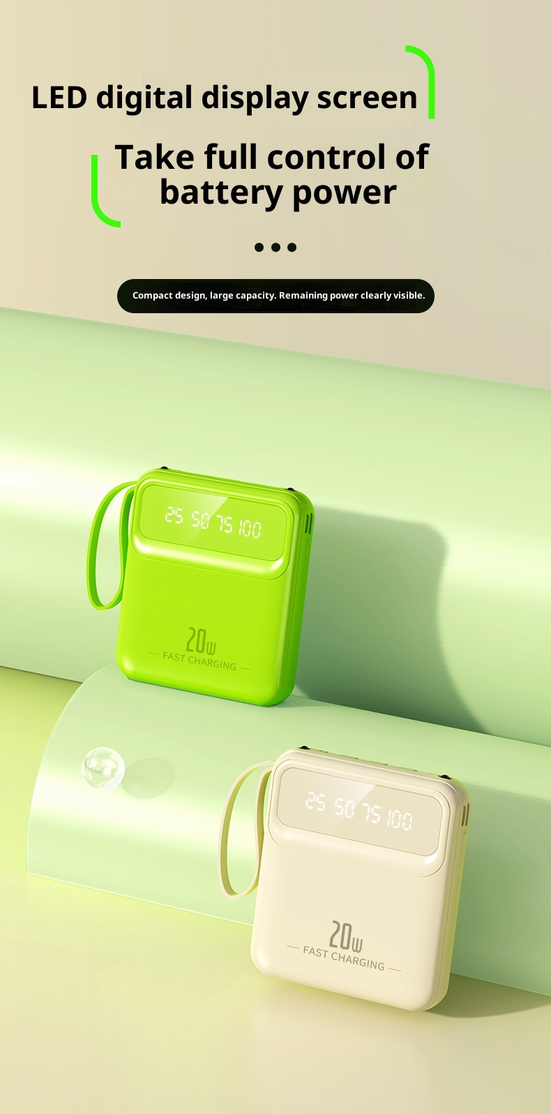 TechGlobe Gift Power Bank Wholesale Mini With Built-in 20000mAh Large Capacity Digital Display Portable Charger Data Cable_voghion.com