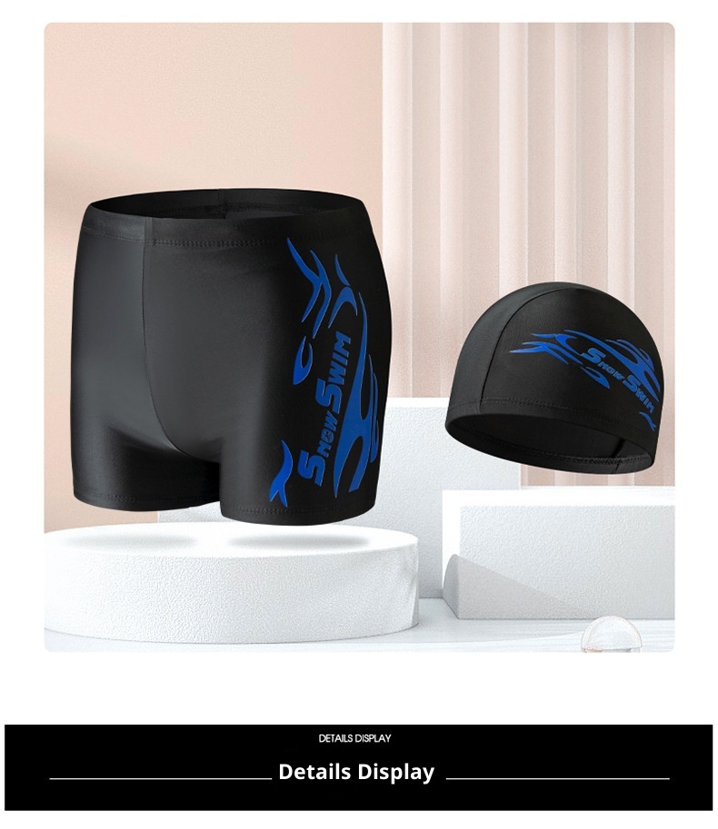 001 Factory Direct Men's Boxer Polyester Flame Hot Spring Comfortable Plus Size Adult Quick-Dry Trunks Swim Cap Set_voghion.com