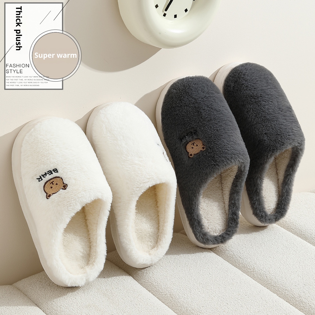 Zees Dikke Zool Stap Comfort Heren Binnen Warm Antislip Cartoon Katoen Winter Thuis Harige Pantoffels Dames_voghion.com