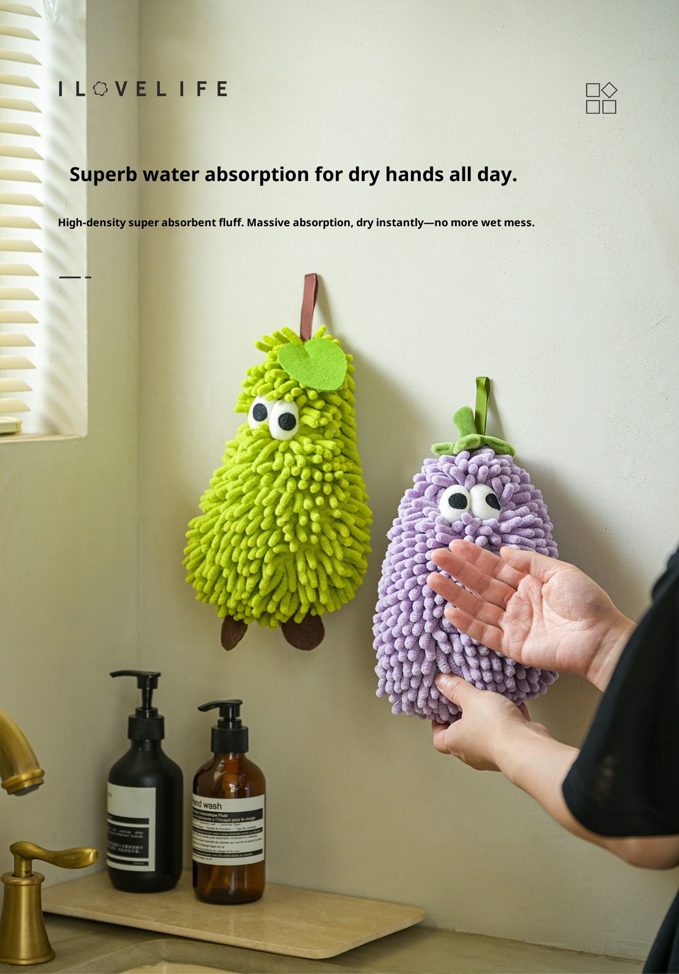 Lillian Chenille Hand Hanging Gift Kitchen Absorbent Cute Big Eyes Cartoon Design Non-Slip Towel_voghion.com