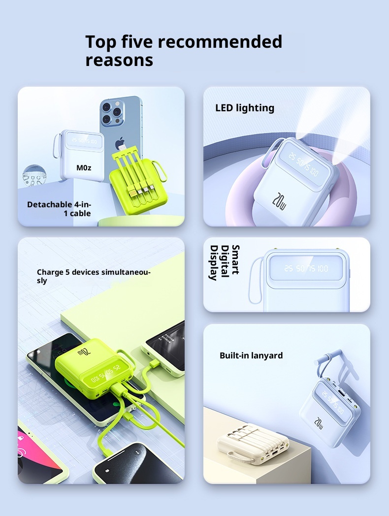 techglobe Mini-Schnellladefunktion mit integriertem Kabel, 20000mAh Powerbank, individuell anpassbar, Großhandelsgeschenk, tragbarer Akku mit großer Kapazität_voghion.com